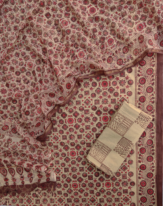 (AJRAKH) Hand Block Printed Cotton Suit with Cotton Kota Doria Dupatta