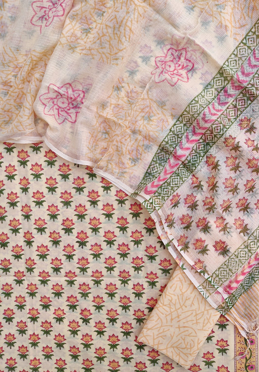 Hand Block Printed Cotton Suit with Cotton Kota Doria dupatta