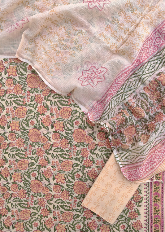 Hand Block Printed Cotton Suit with Cotton Kota Doria dupatta