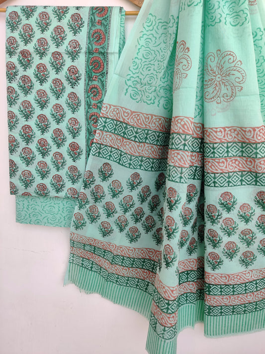 Hand Block Printed Cotton Suit With Mulmul Cotton Dupatta