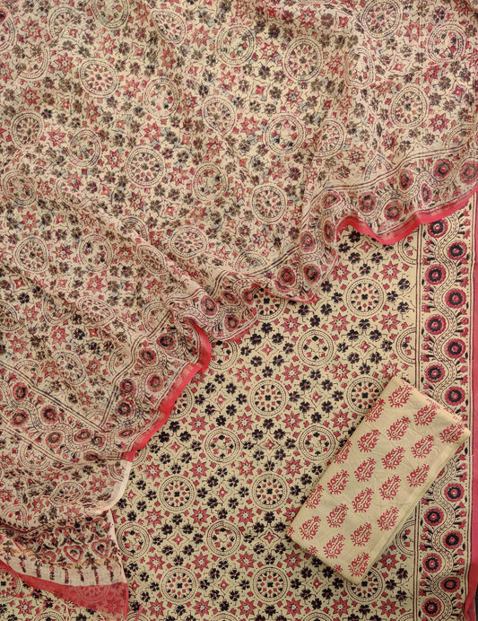 (AJRAKH) Hand Block Printed Cotton Suit with Cotton Kota Doria dupatta
