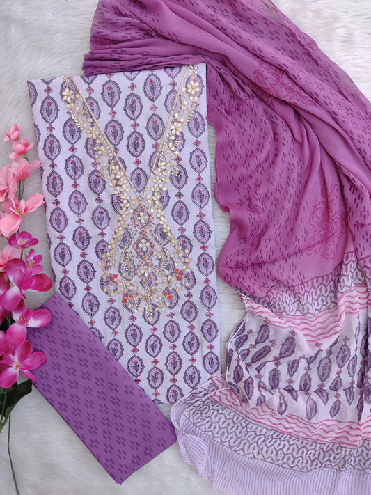 FLORAL PRINTED COTTON GOTA PATTI SUIT WITH CHIFFON DUPATTA