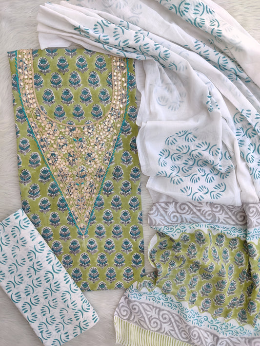 FLORAL PRINTED COTTON GOTA PATTI SUIT WITH COTTON DUPATTA