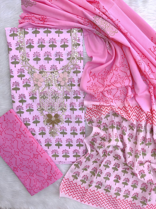 FLORAL PRINTED COTTON GOTA PATTI SUIT WITH COTTON DUPATTA