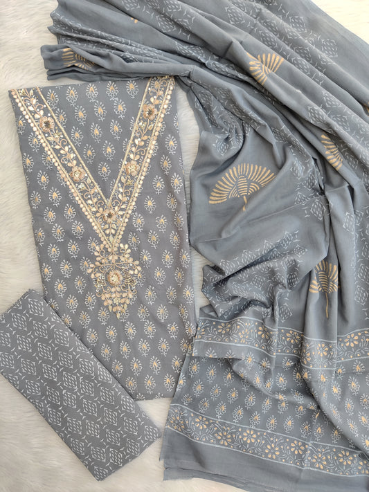 FLORAL PRINTED COTTON GOTA PATTI SUIT WITH COTTON DUPATTA