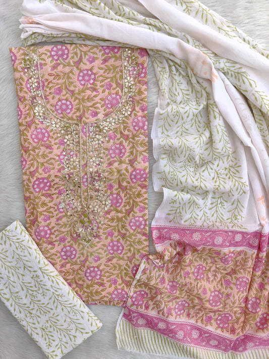 FLORAL PRINTED COTTON GOTA PATTI SUIT WITH COTTON DUPATTA