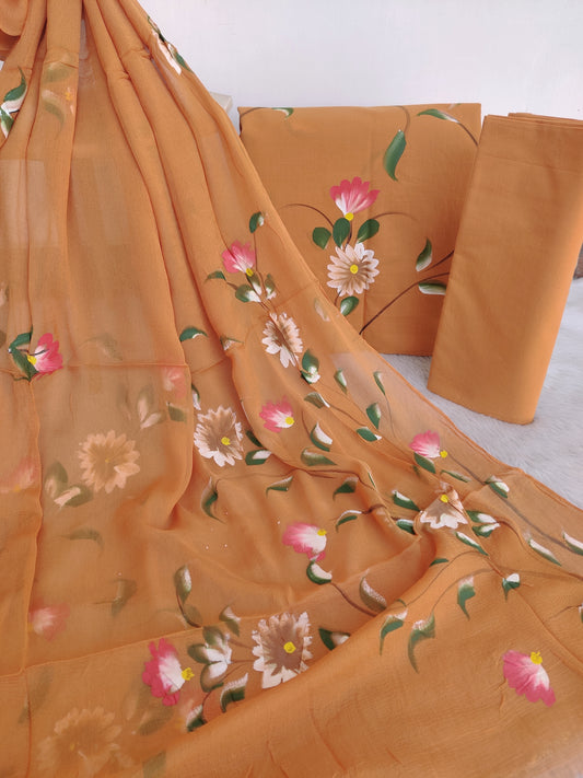 HAND PAINTED COTTON SUIT WITH PURE CHIFFON DUPATTA
