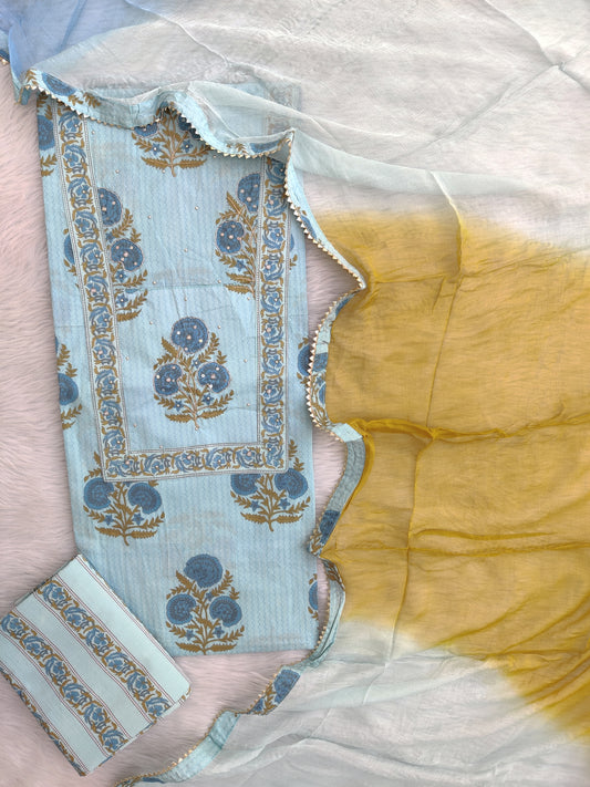 Exclusive Unstitched Cotton Neck Work Suits with Chiffon Dupatta