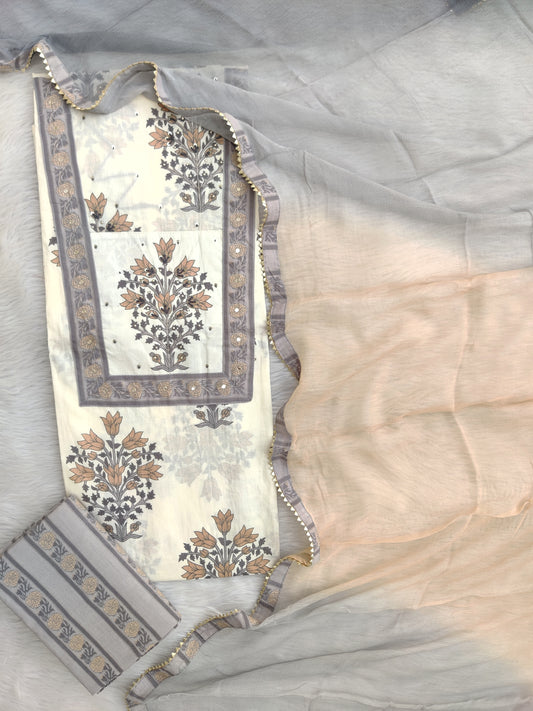 Exclusive Unstitched Cotton Neck Work Suits with Chiffon Dupatta
