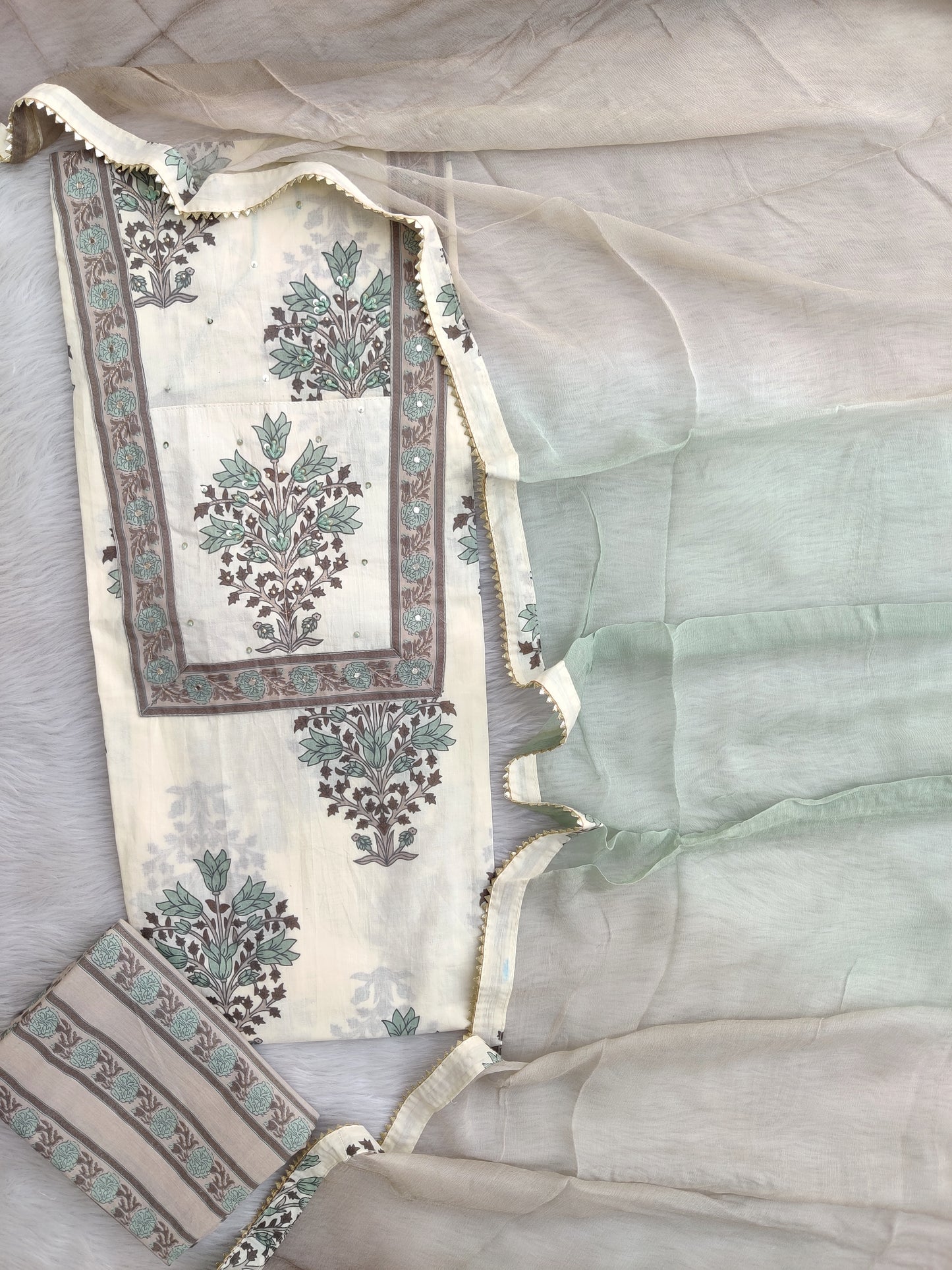 Exclusive Unstitched Cotton Neck Work Suits with Chiffon Dupatta