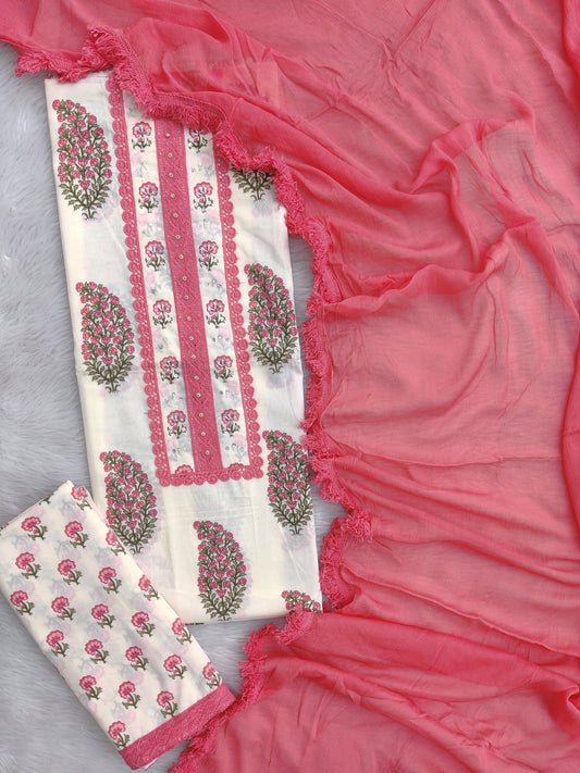 Exclusive Unstitched Cotton Neck Work Suits with Chiffon Dupatta