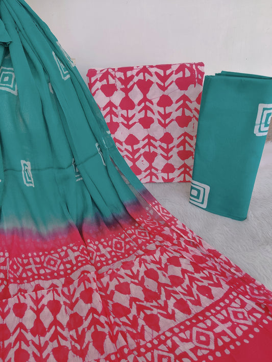(BATIK) HAND BLOCK PRINTED COTTON SUIT WITH PURE CHIFFON DUPATTA