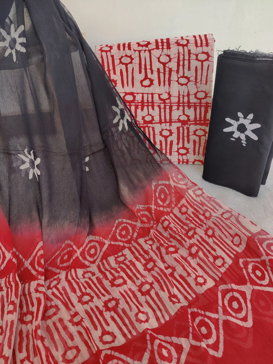 (BATIK) HAND BLOCK PRINTED COTTON SUIT WITH PURE CHIFFON DUPATTA