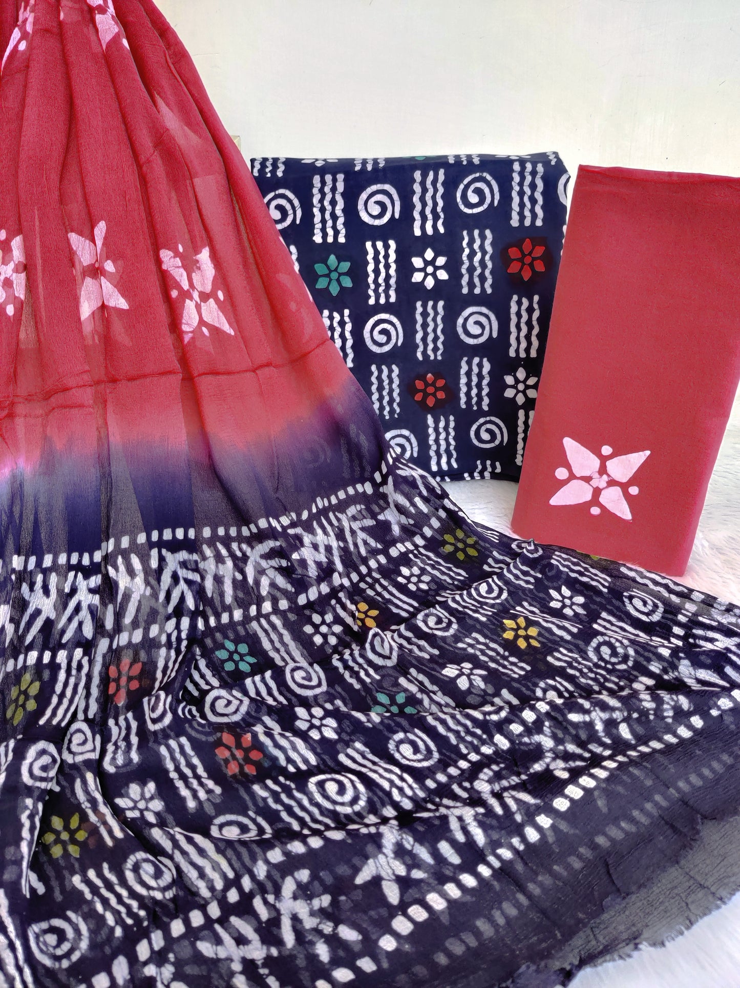 (BATIK) HAND BLOCK PRINTED COTTON SUIT WITH PURE CHIFFON DUPATTA