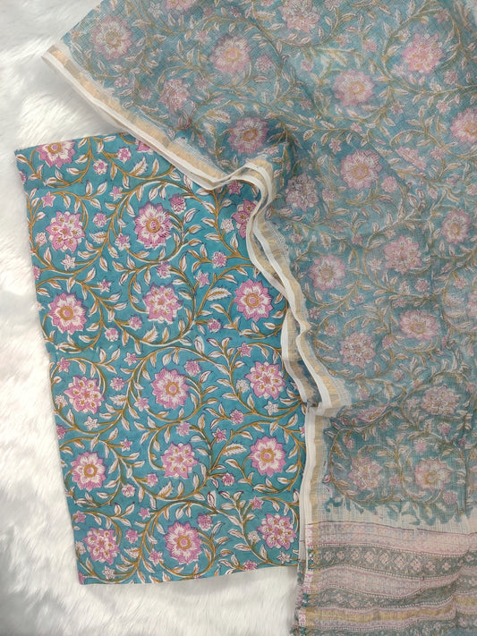 (All over) Hand Block Printed Cotton Suit with Cotton Kota Doria dupatta