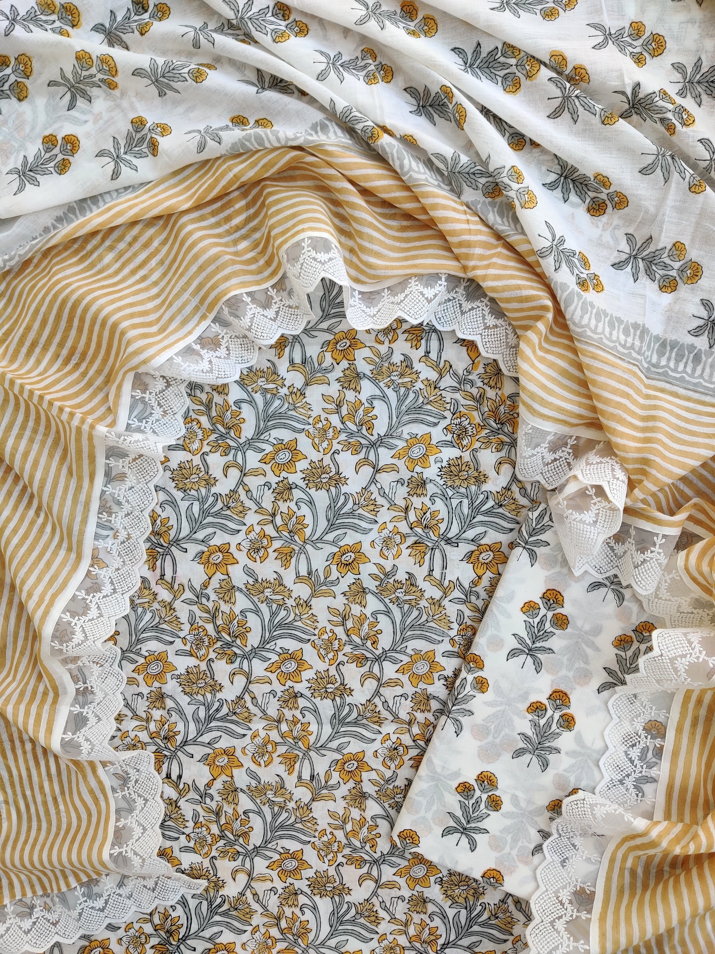 Hand Block Printed Cotton Suit With Lace Work Mulmul Dupatta