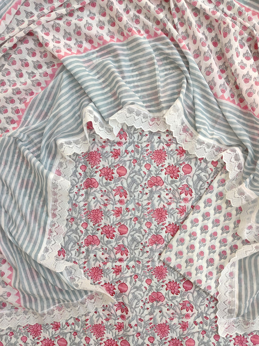 Hand Block Printed Cotton Suit With Lace Work Mulmul Dupatta