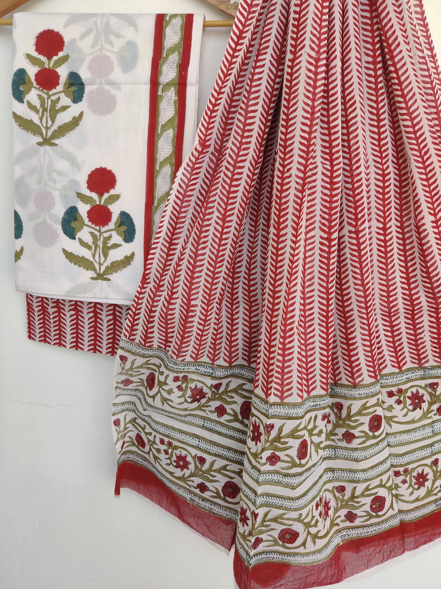 Hand Block Printed Cotton Suit With Mulmul Cotton Dupatta