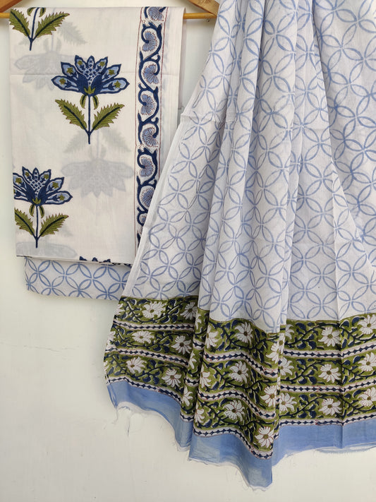 Hand Block Printed Cotton Suit With Mulmul Cotton Dupatta