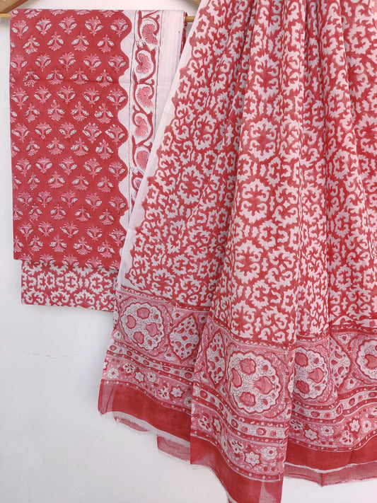 Hand Block Printed Cotton Suit With Mulmul Cotton Dupatta
