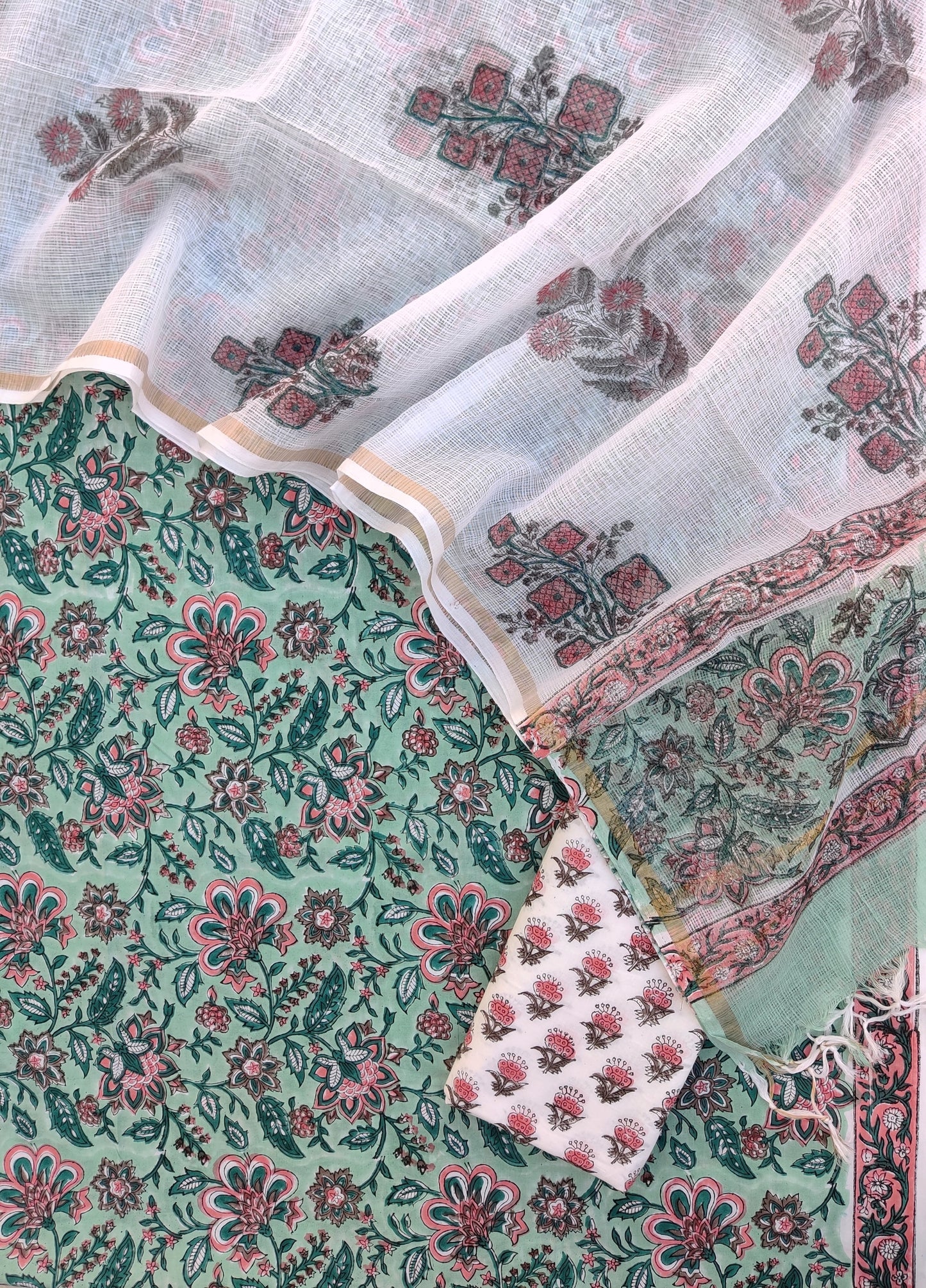 Hand Block Printed Cotton Suit with Cotton Kota Doria dupatta