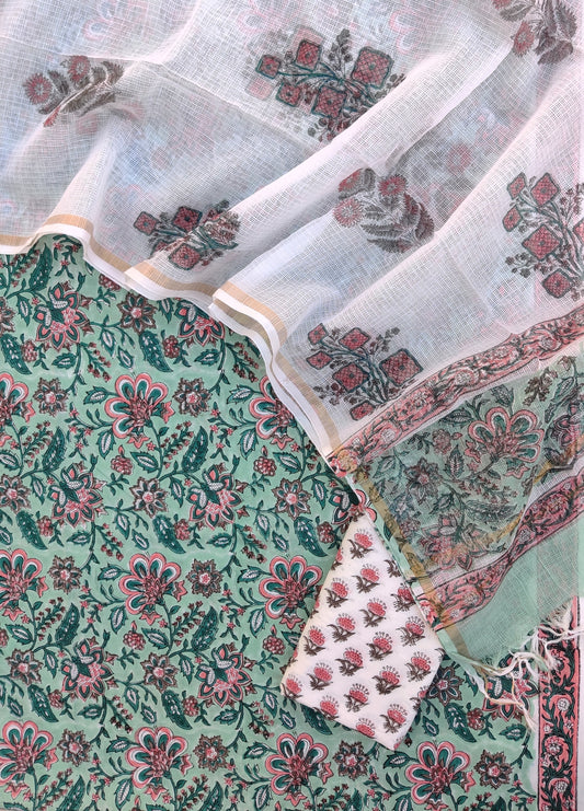 Hand Block Printed Cotton Suit with Cotton Kota Doria dupatta
