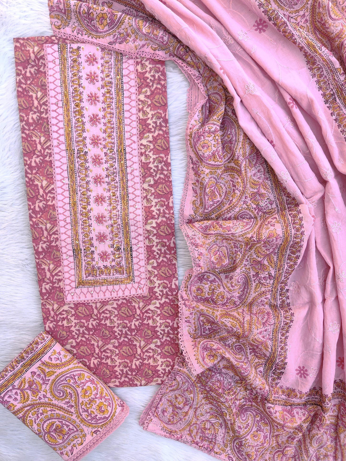 NEW LAUNCH            Exclusive Unstitched Cotton Neck Work Suits with Mulmul Dupatta