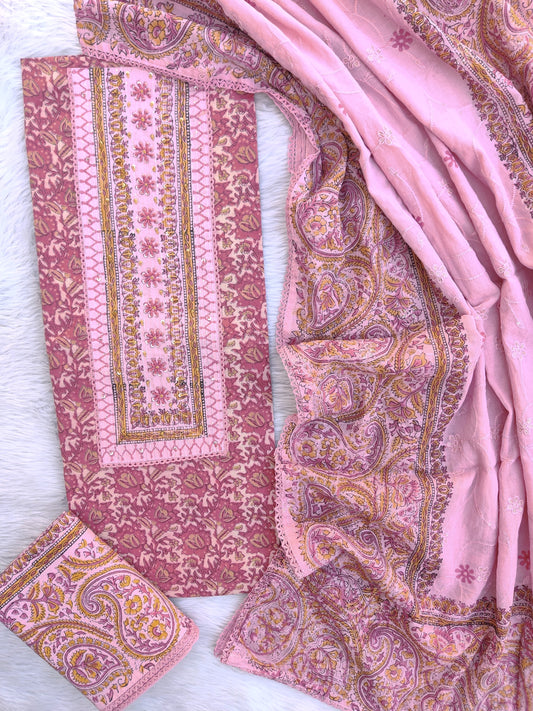 NEW LAUNCH            Exclusive Unstitched Cotton Neck Work Suits with Mulmul Dupatta