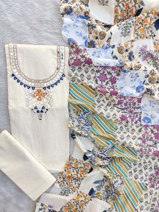 MIRROR NECK WORK SUITS WITH PATCH WORK MULMUL DUPATTA