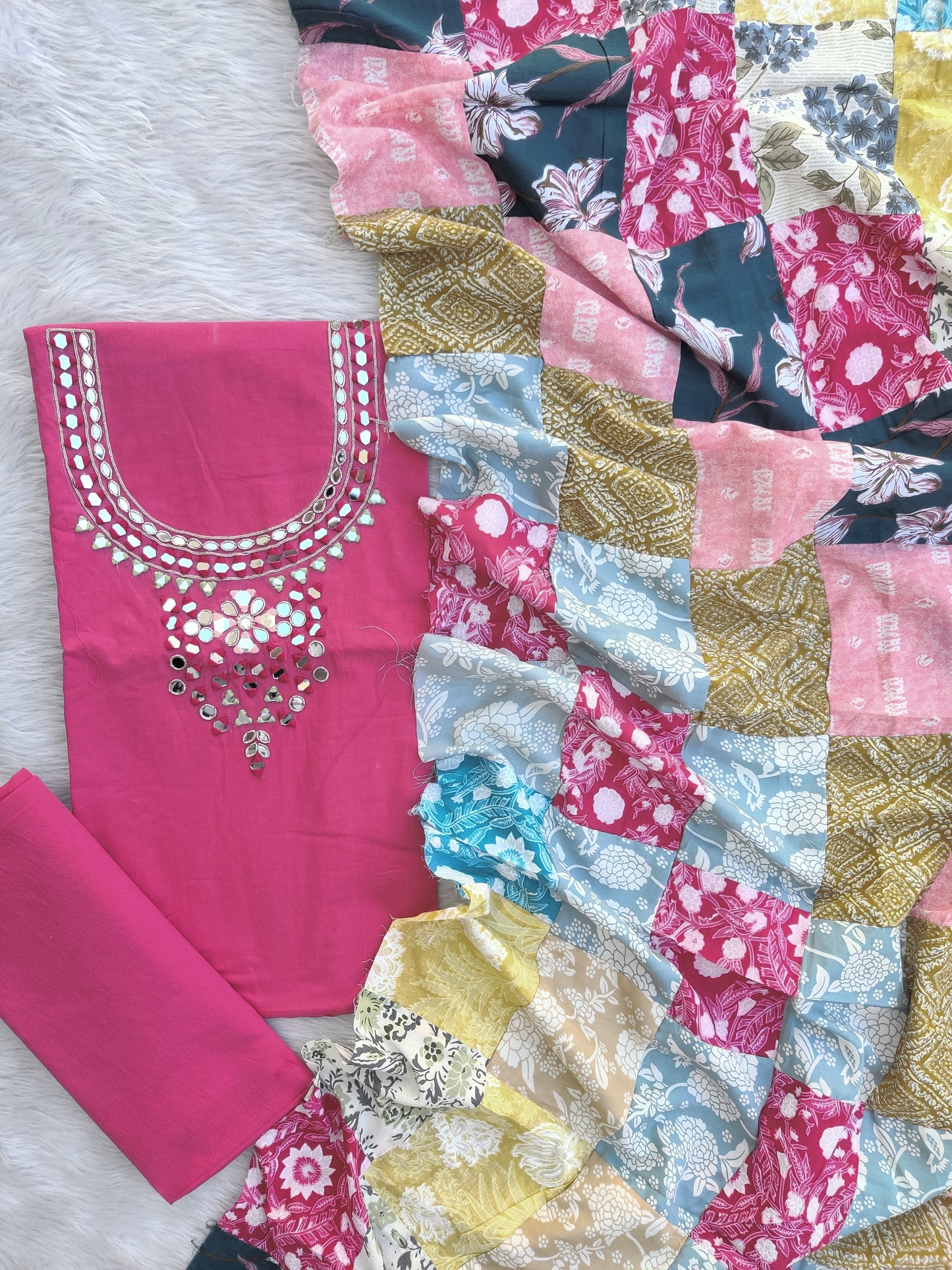 MIRROR NECK WORK SUITS WITH PATCH WORK MULMUL DUPATTA