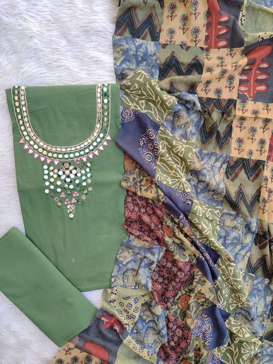 MIRROR NECK WORK SUITS WITH PATCH WORK MULMUL DUPATTA