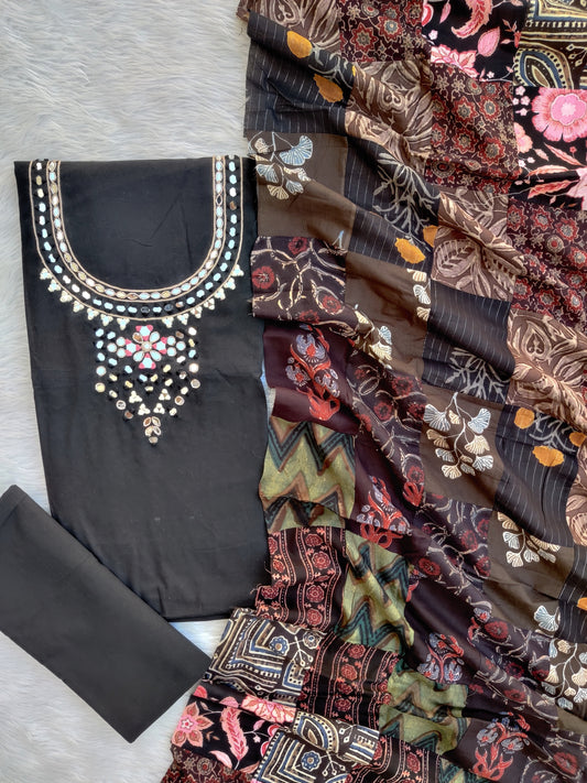 MIRROR NECK WORK SUITS WITH PATCH WORK MULMUL DUPATTA