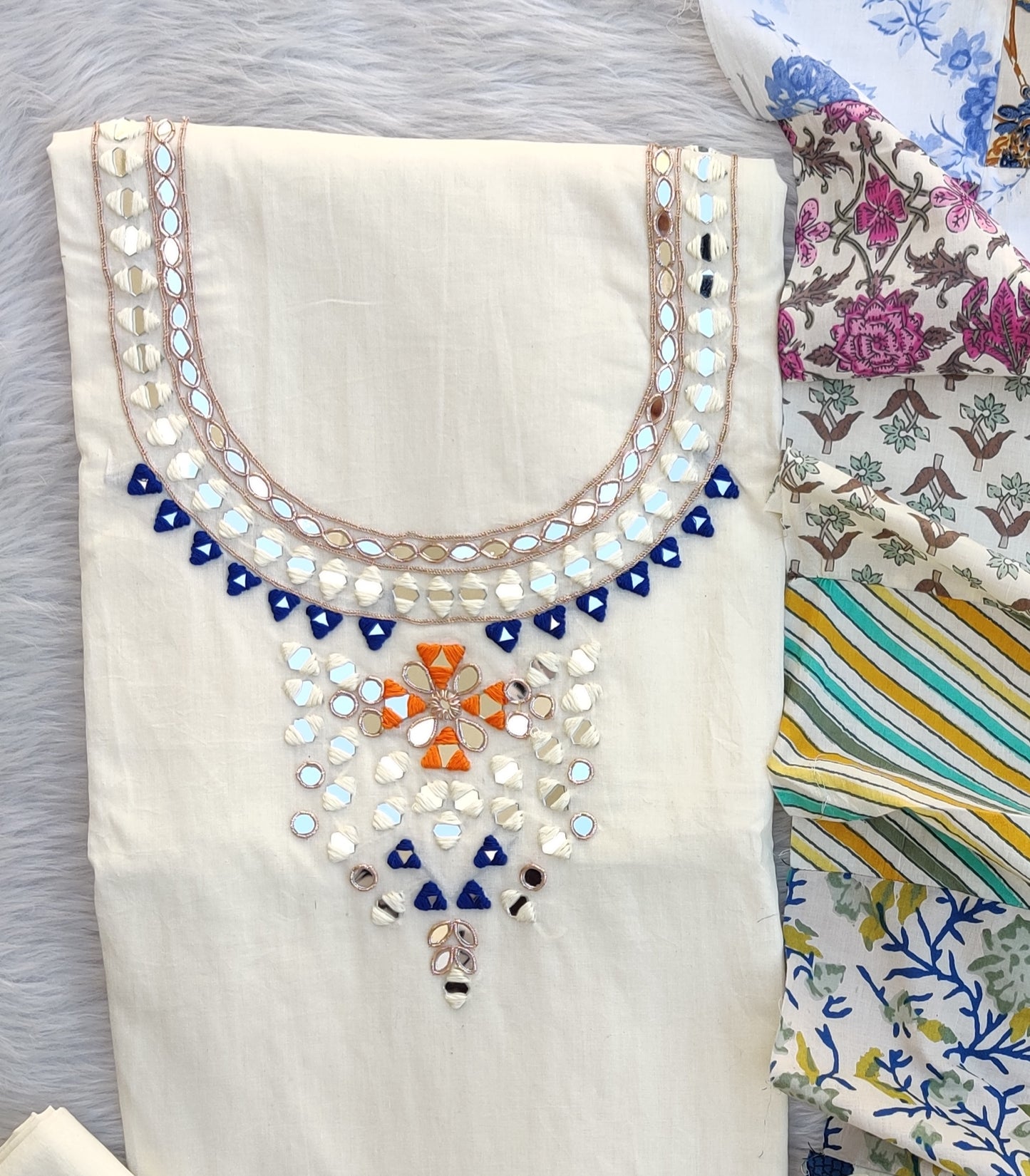 MIRROR NECK WORK SUITS WITH PATCH WORK MULMUL DUPATTA