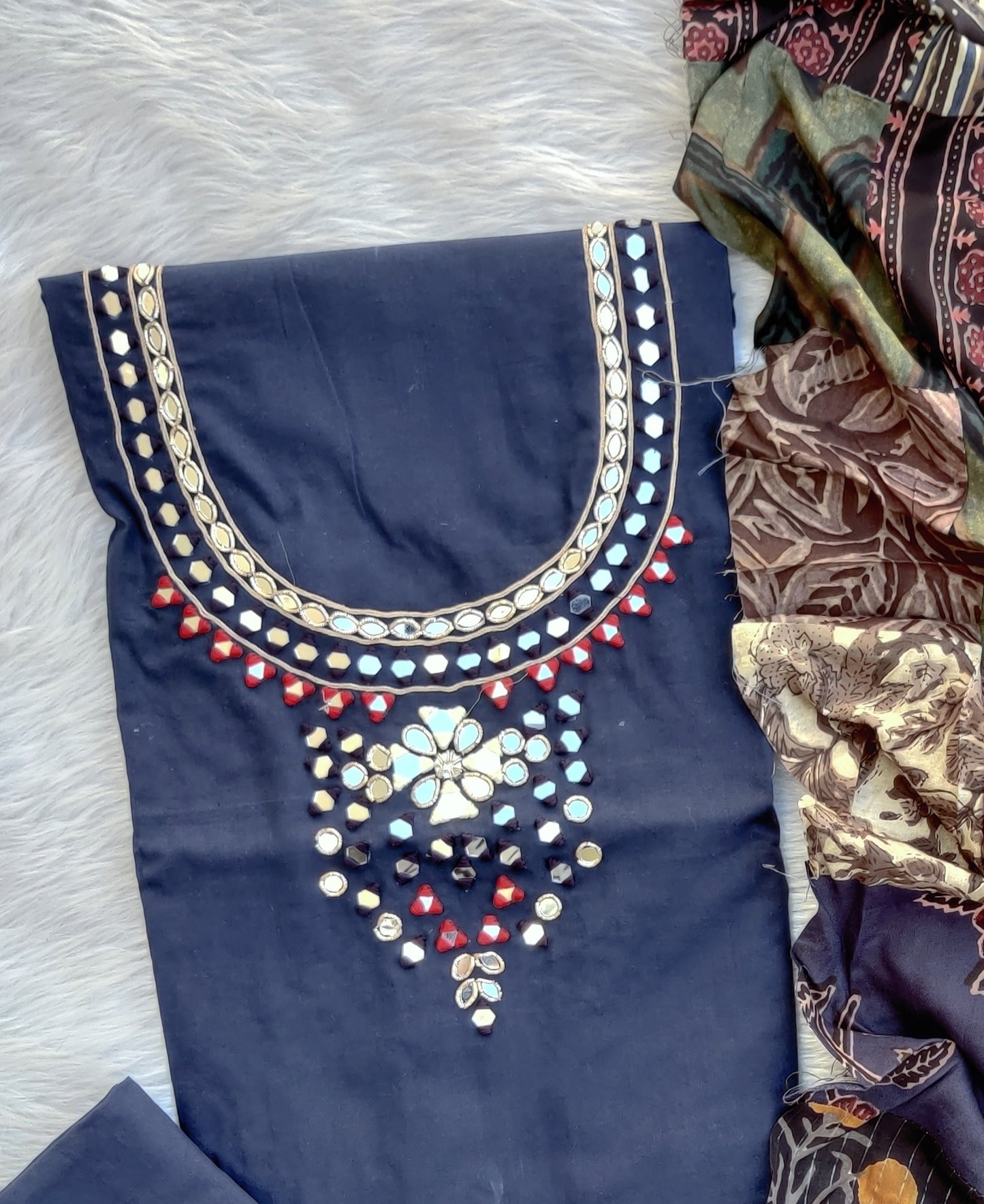 MIRROR NECK WORK SUITS WITH PATCH WORK MULMUL DUPATTA