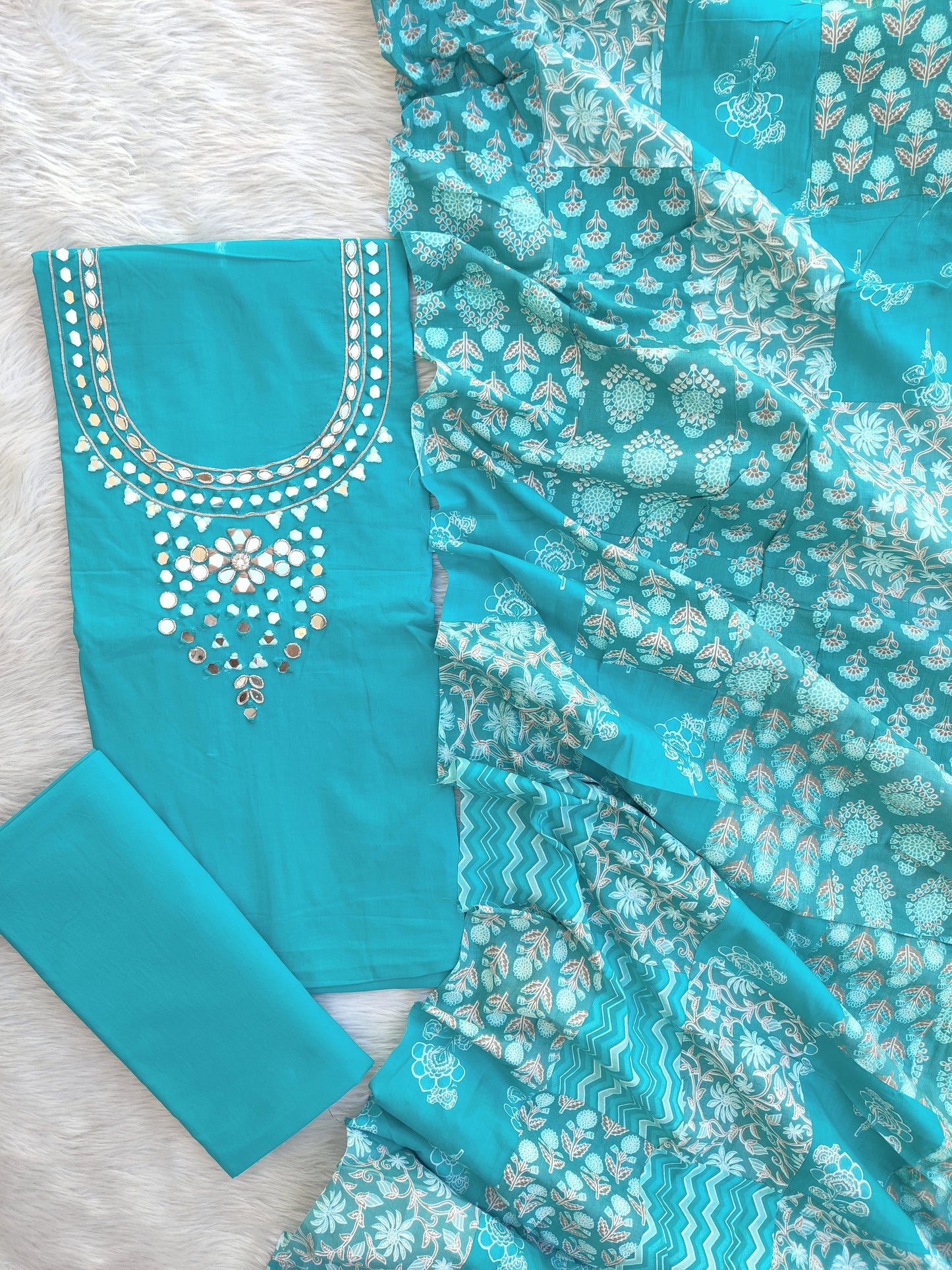 MIRROR NECK WORK SUITS WITH PATCH WORK MULMUL DUPATTA