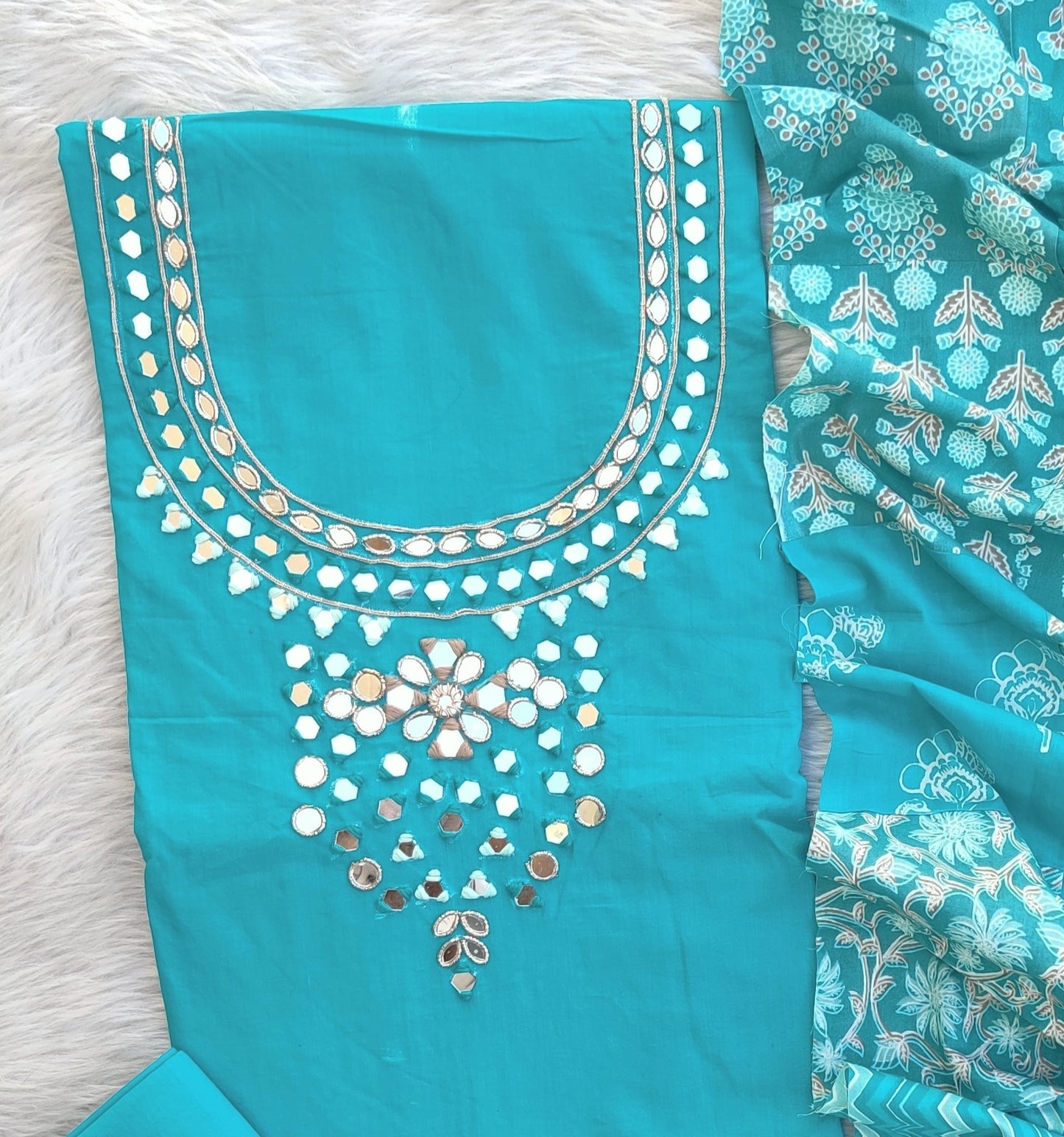 MIRROR NECK WORK SUITS WITH PATCH WORK MULMUL DUPATTA