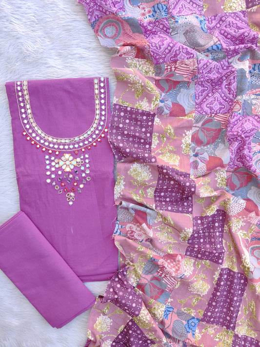 MIRROR NECK WORK SUITS WITH PATCH WORK MULMUL DUPATTA