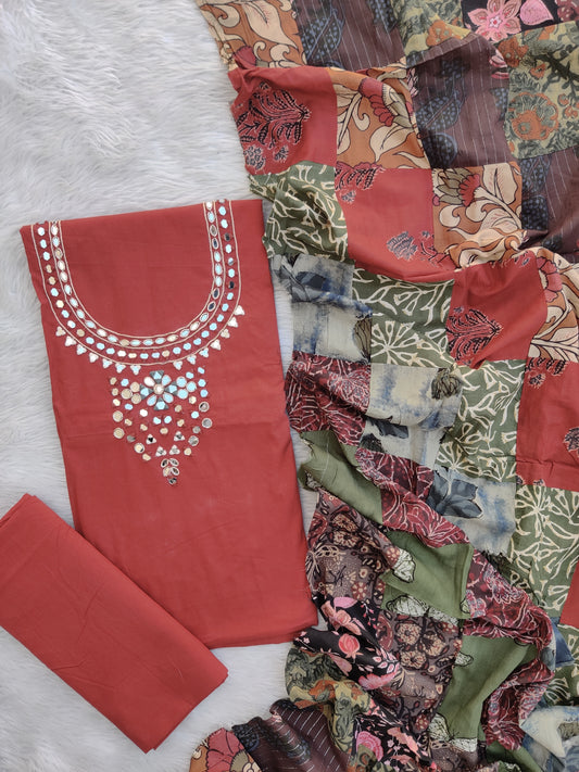 MIRROR NECK WORK SUITS WITH PATCH WORK MULMUL DUPATTA