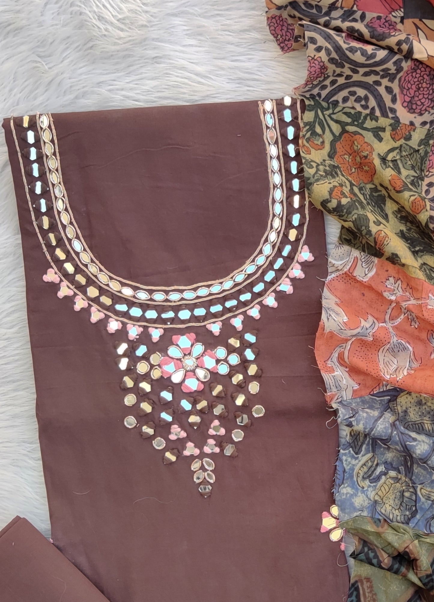 MIRROR NECK WORK SUITS WITH PATCH WORK MULMUL DUPATTA