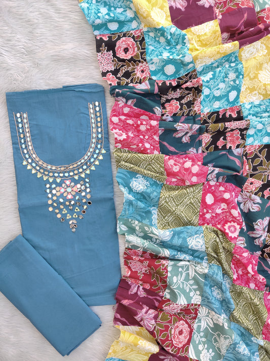 MIRROR NECK WORK SUITS WITH PATCH WORK MULMUL DUPATTA