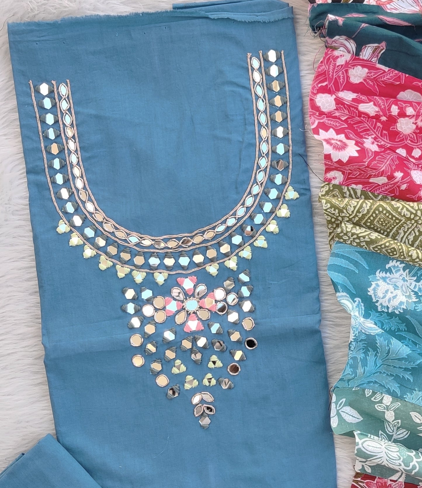 MIRROR NECK WORK SUITS WITH PATCH WORK MULMUL DUPATTA