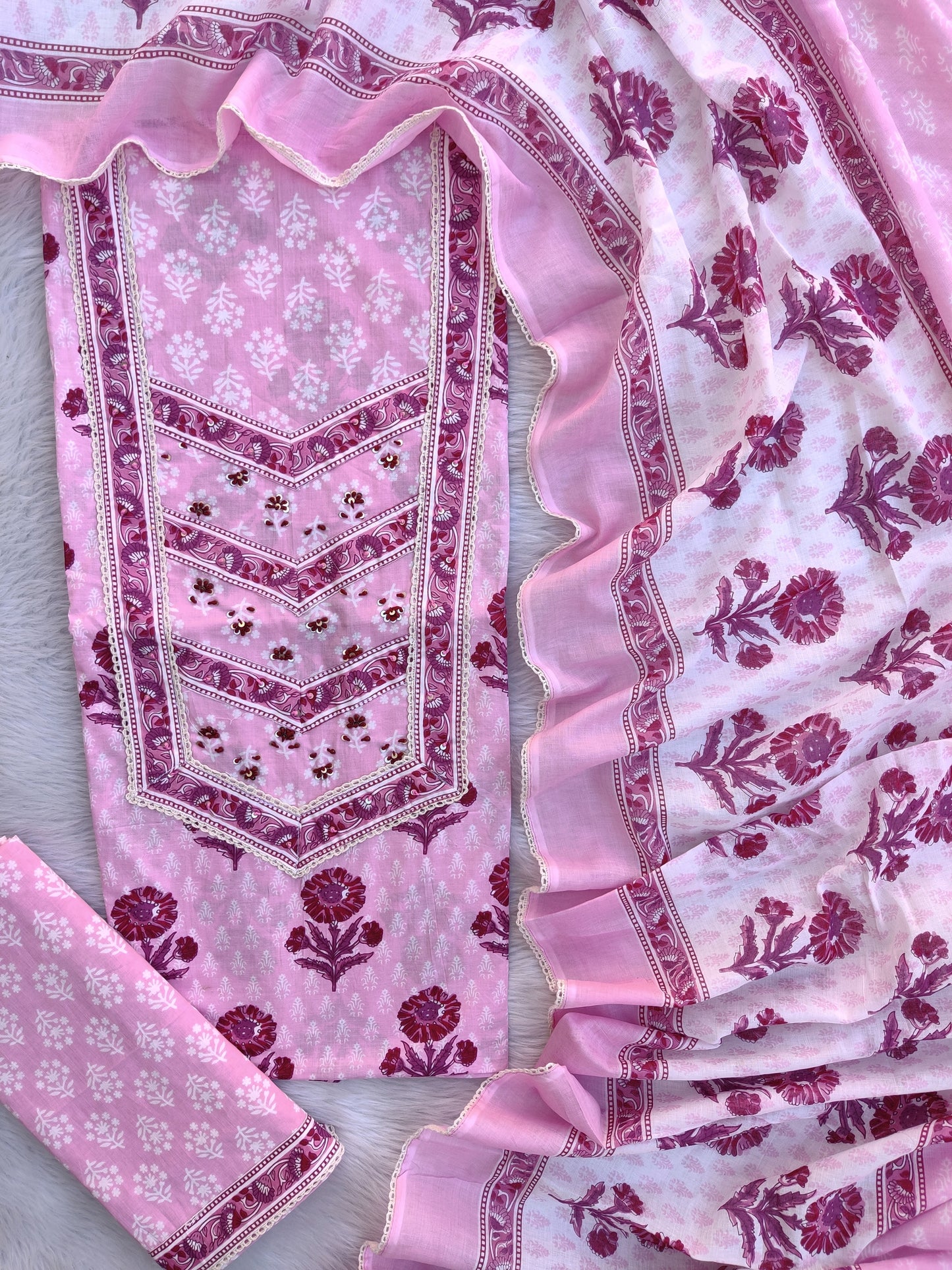 Exclusive Unstitched Cotton Neck Work Suits with Mulmul Dupatta