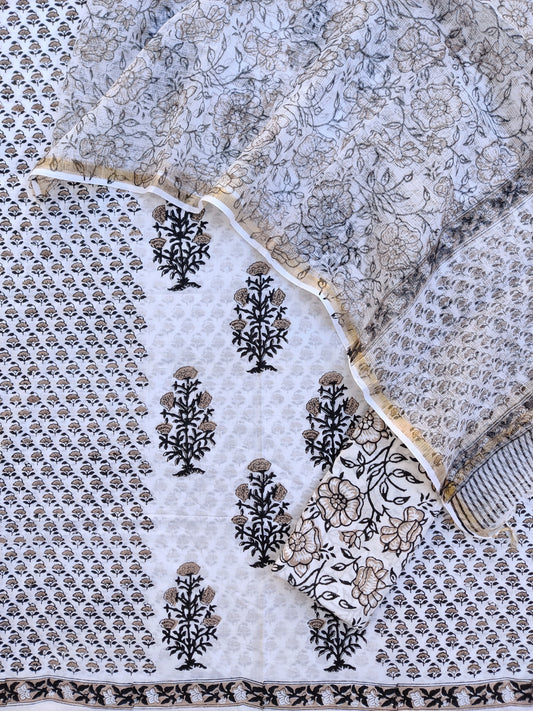 (BOOTA) Hand Block Printed Cotton Suit with Cotton Kota Doria dupatta