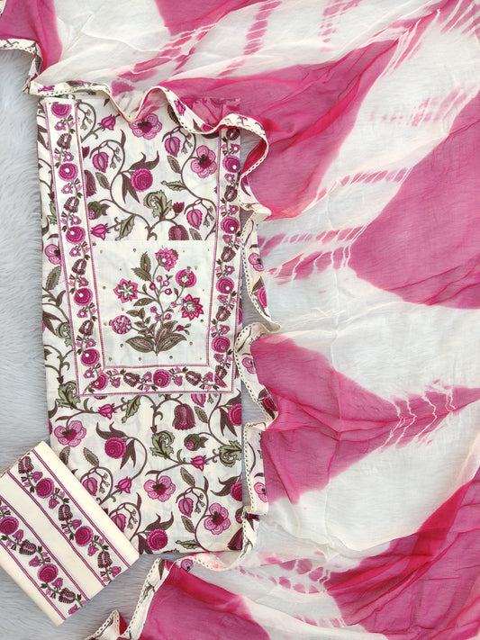 Exclusive Unstitched Cotton Neck Work Suits with Chiffon Dupatta