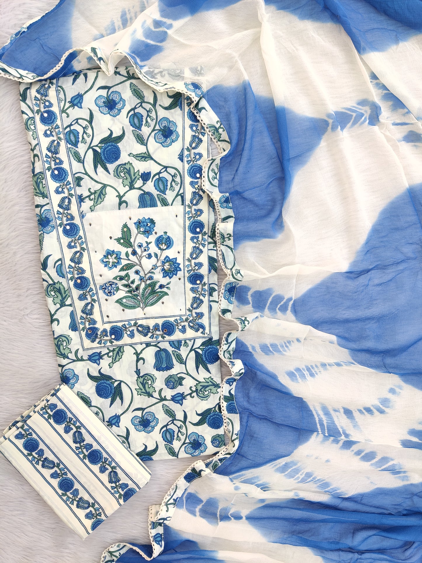 Exclusive Unstitched Cotton Neck Work Suits with Chiffon Dupatta