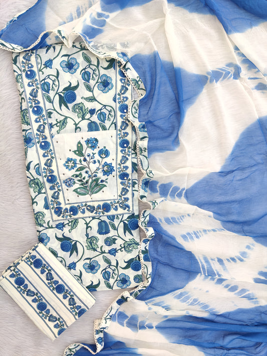 Exclusive Unstitched Cotton Neck Work Suits with Chiffon Dupatta