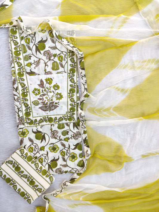 Exclusive Unstitched Cotton Neck Work Suits with Chiffon Dupatta
