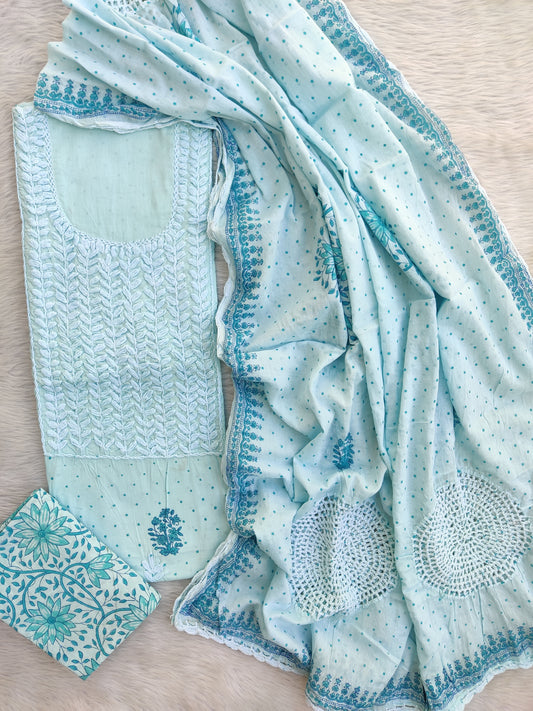 NEW LAUNCH              Aligarh Hand Embroidery Cotton Neck Work Suits with Mulmul Crosia Dupatta