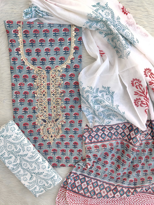 FLORAL PRINTED COTTON GOTA PATTI SUIT WITH COTTON DUPATTA
