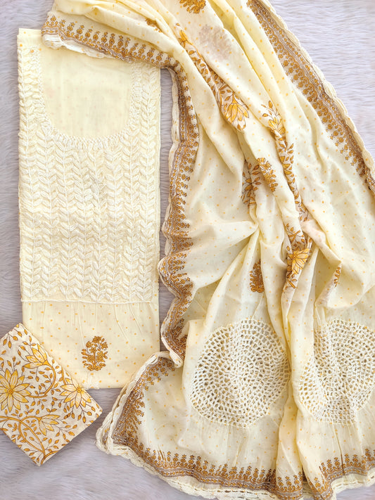 NEW LAUNCH              Aligarh Hand Embroidery Cotton Neck Work Suits with Mulmul Crosia Dupatta